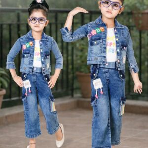TrendWale Honey Love "Adventure" Edition: Girls' Patchwork Denim Jacket & Multi-Color Cargo Set