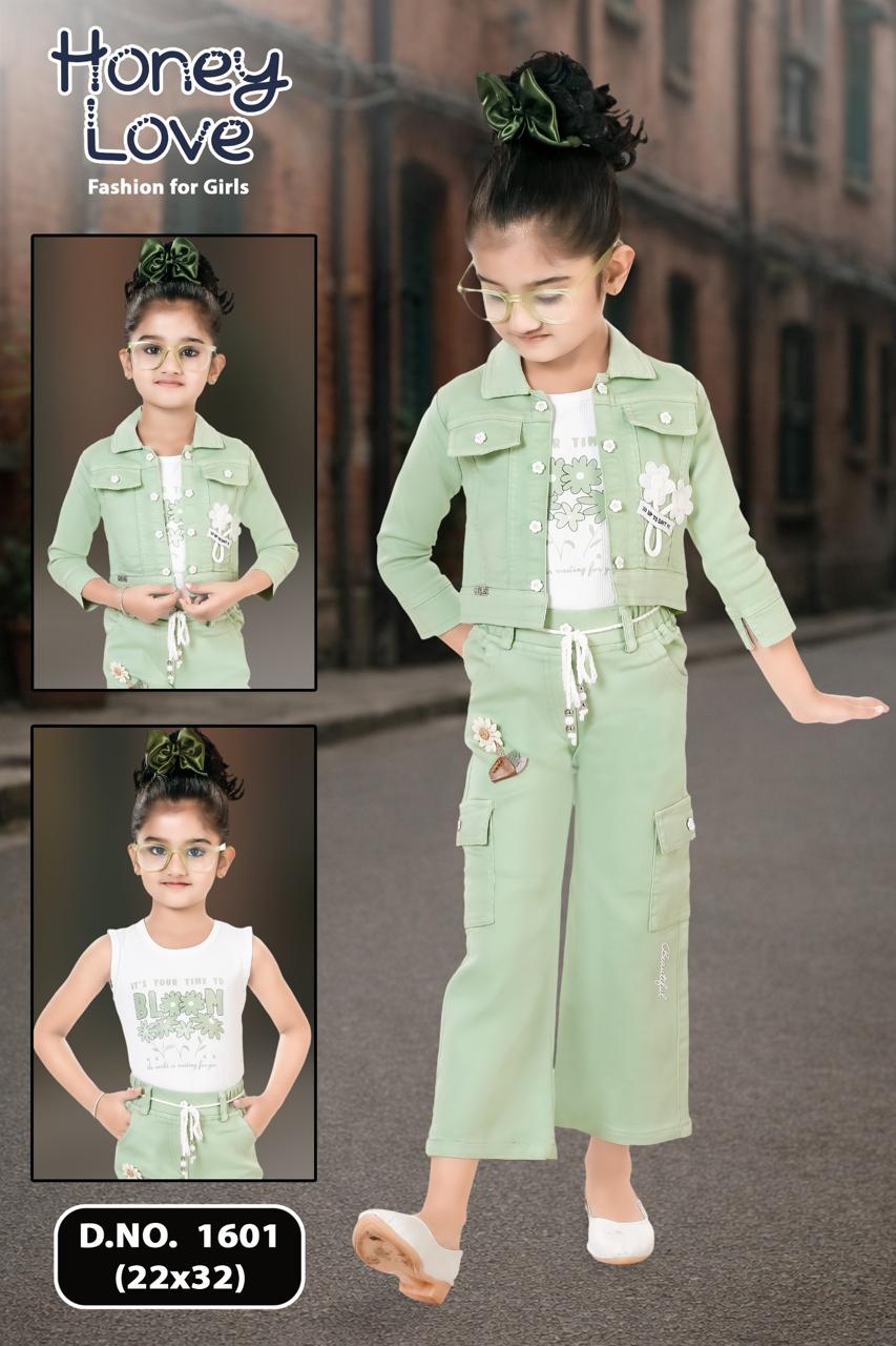 TrendWale Honey Love "Bloom" Edition: Girls' Floral Denim Jacket & Cargo 3-Piece Set - Image 2