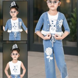 TrendWale Honey Love Edition: Girls' "Sunny Day" Lace-Trimmed Denim 3-Piece Set