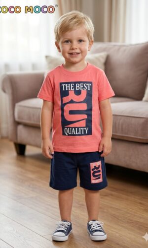 boy wearing pink cotton t-shirt and navy shorts text print kids outfit TrendWale
