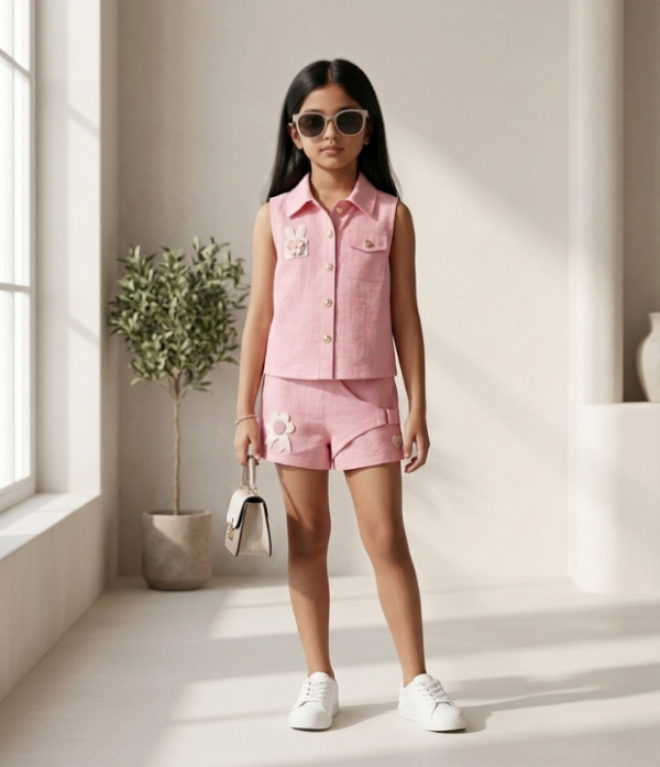 Girls Pink Top & Shorts Set | Stylish Sleeveless Kids Western Wear Outfit