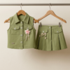 Girls Olive Green Top & Skirt Set | Stylish Sleeveless Kids Western Wear Outfit