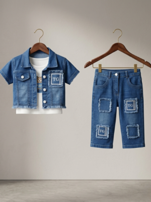 1 Girls Denim 3 Piece Set | Stylish Jacket, Top & Capri Pant Outfit for Girls