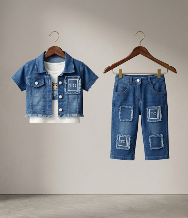 Girls Denim 3 Piece Set | Stylish Jacket, Top & Capri Pant Outfit for Girls