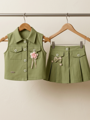 Girls Olive Green Top & Skirt Set | Stylish Sleeveless Kids Western Wear Outfit