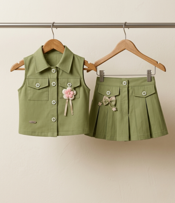 Girls Olive Green Top & Skirt Set | Stylish Sleeveless Kids Western Wear Outfit