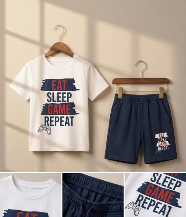 Boys “Eat Sleep Game Repeat” Printed T-Shirt & Shorts Set | Cool Kids Summer Outfit