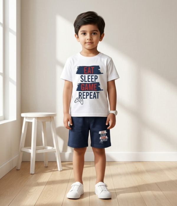 Boys “Eat Sleep Game Repeat” Printed T-Shirt & Shorts Set | Cool Kids Summer Outfit