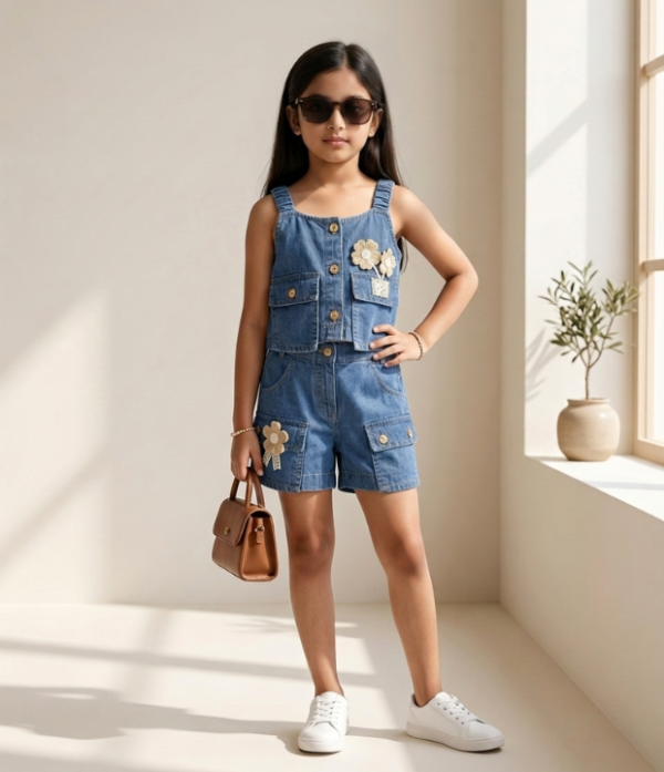 Girls Denim Top & Shorts Set | Stylish Sleeveless Kids Western Wear Outfit