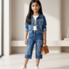 Girls Denim 3 Piece Set | Stylish Jacket, Top & Capri Pant Outfit for Girls