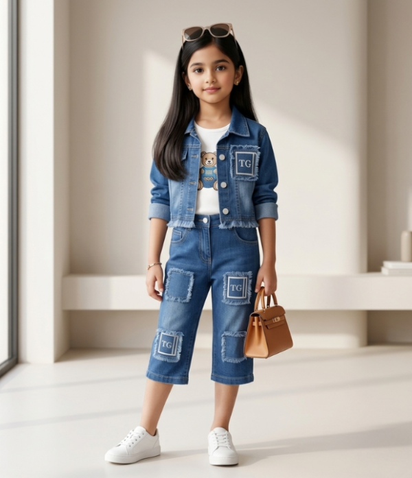 Girls Denim 3 Piece Set | Stylish Jacket, Top & Capri Pant Outfit for Girls