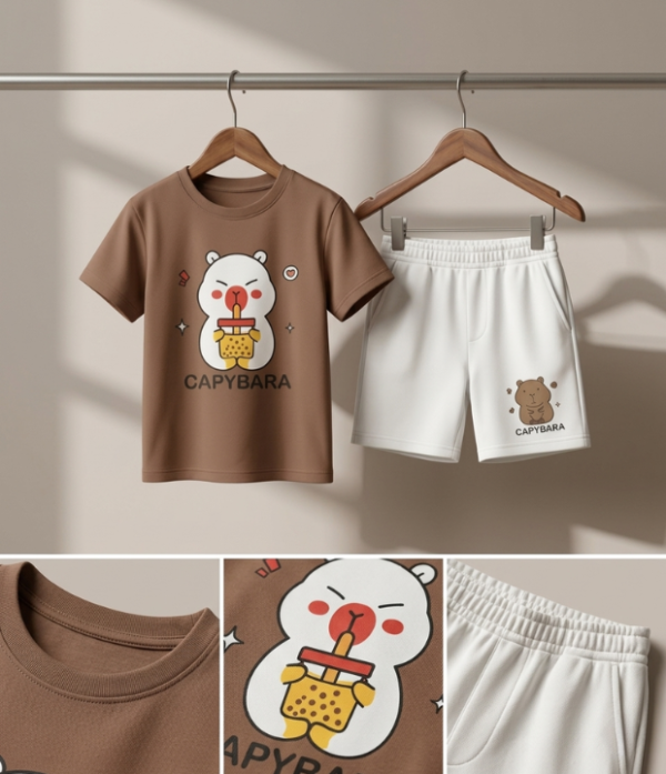 Boys Cartoon Print T-Shirt & Shorts Set | Cute Kids Casual Summer Wear Outfit