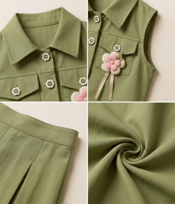 Girls Olive Green Top & Skirt Set | Stylish Sleeveless Kids Western Wear Outfit