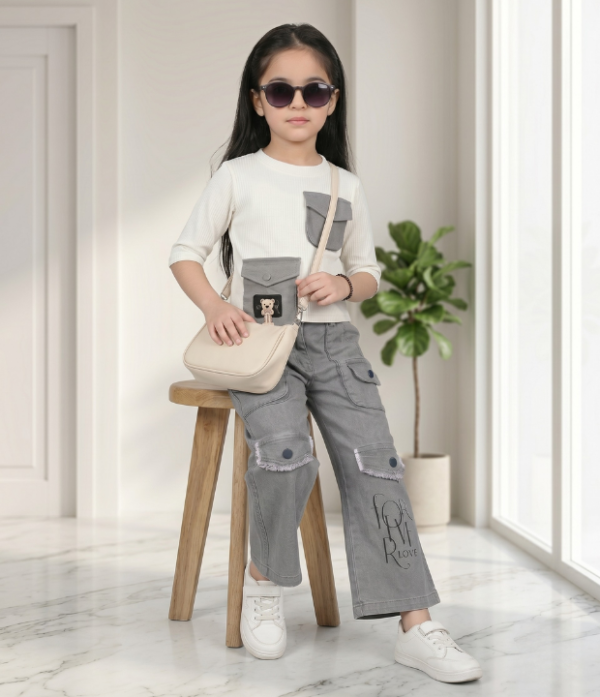 Girls Cargo Co-Ord Set | Stylish Ribbed Top & Wide Leg Cargo Pant Outfit for Girls