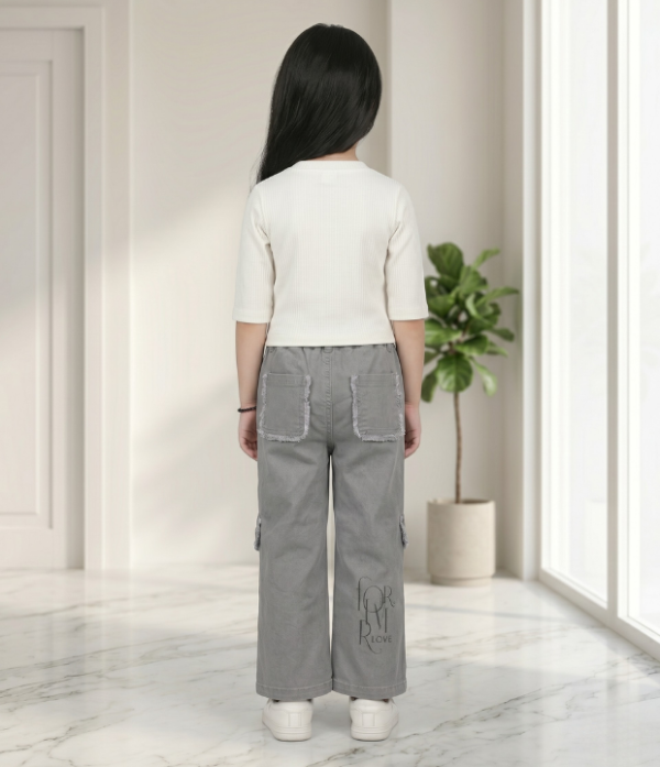 Girls Cargo Co-Ord Set | Stylish Ribbed Top & Wide Leg Cargo Pant Outfit for Girls