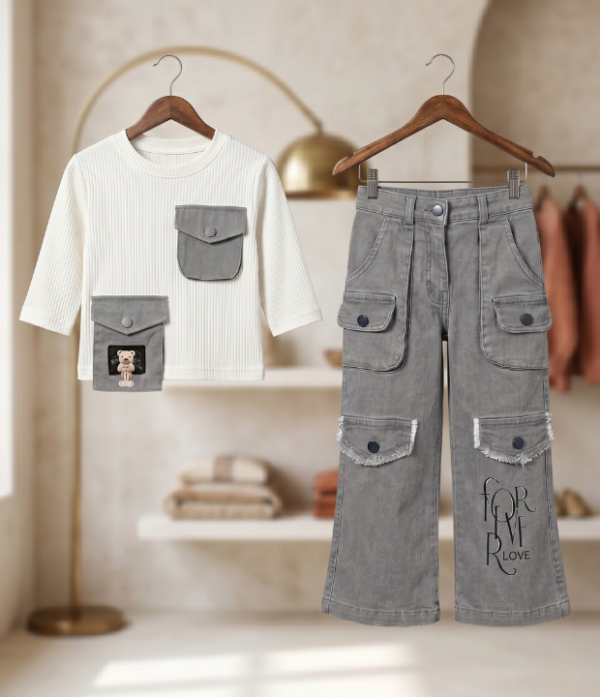 Girls Cargo Co-Ord Set | Stylish Ribbed Top & Wide Leg Cargo Pant Outfit for Girls