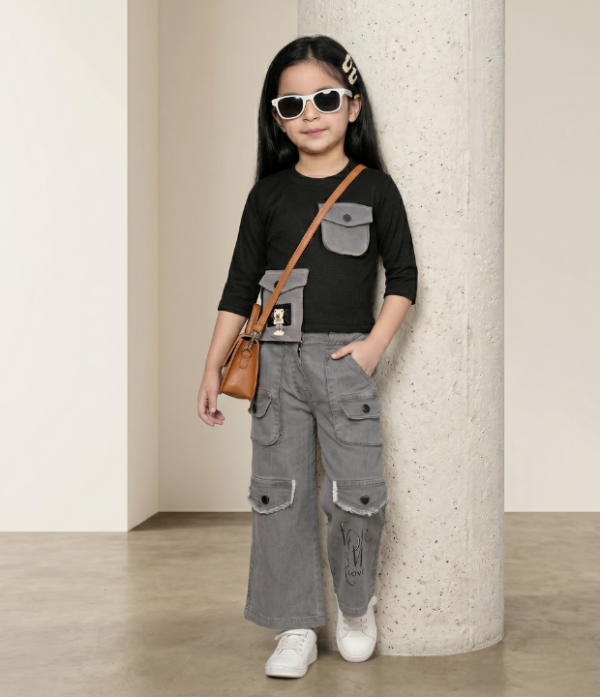 Girls Cargo Co-Ord Set | Stylish Ribbed Top & Wide Leg Cargo Pant Outfit for Girls