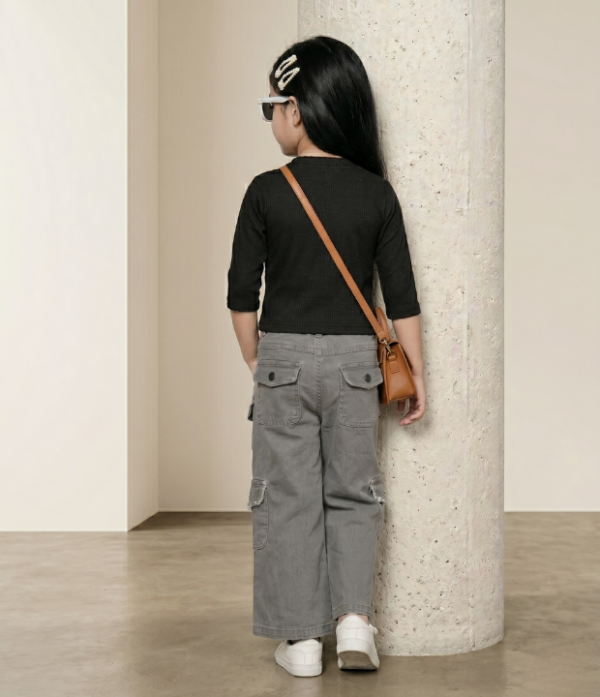 Girls Cargo Co-Ord Set | Stylish Ribbed Top & Wide Leg Cargo Pant Outfit for Girls