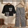 Girls Cargo Co-Ord Set | Stylish Ribbed Top & Wide Leg Cargo Pant Outfit for Girls