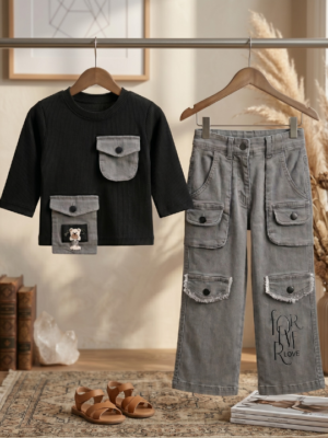 27 Girls Cargo Co-Ord Set | Stylish Ribbed Top & Wide Leg Cargo Pant Outfit for Girls