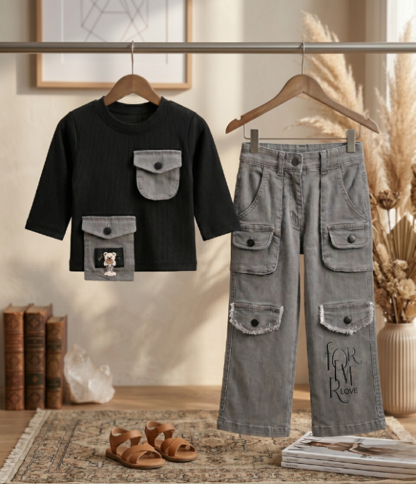 Girls Cargo Co-Ord Set | Stylish Ribbed Top & Wide Leg Cargo Pant Outfit for Girls