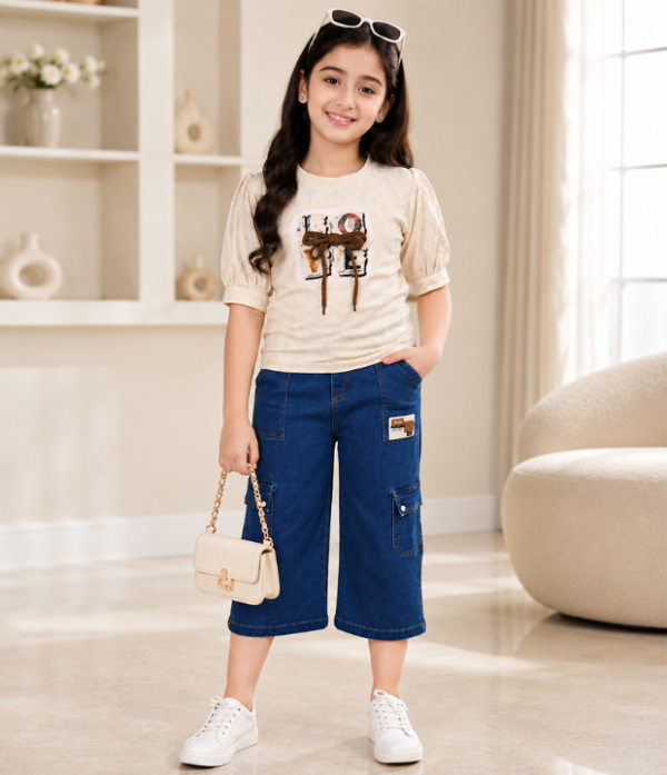 Girls Printed Top & Denim Cargo Capri Set | Stylish Girls Western Wear Outfit