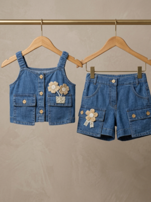 Girls Denim Top & Shorts Set | Stylish Sleeveless Kids Western Wear Outfit
