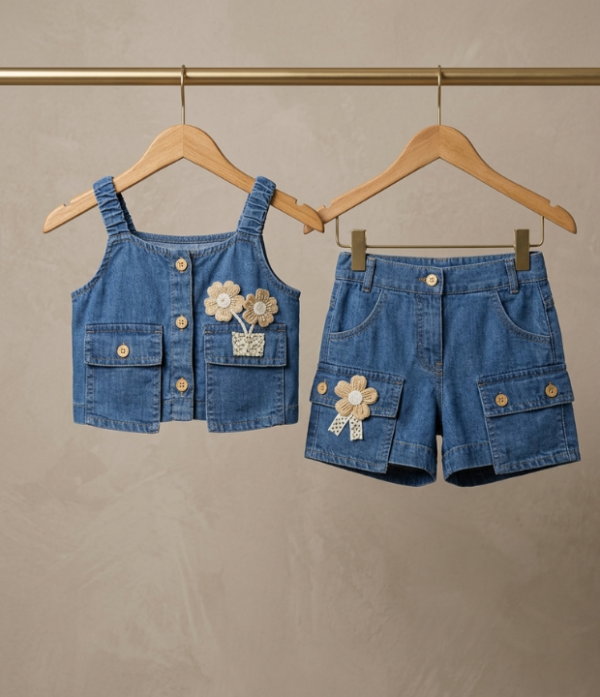 Girls Denim Top & Shorts Set | Stylish Sleeveless Kids Western Wear Outfit