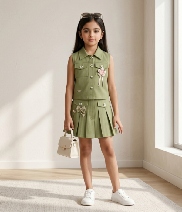 Girls Olive Green Top & Skirt Set | Stylish Sleeveless Kids Western Wear Outfit