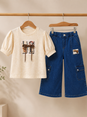 32 Girls Printed Top & Denim Cargo Capri Set | Stylish Girls Western Wear Outfit