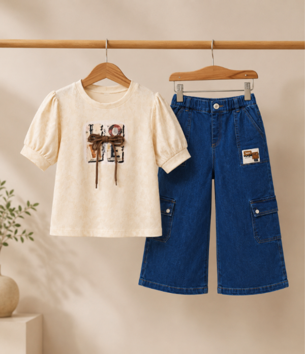 Girls Printed Top & Denim Cargo Capri Set | Stylish Girls Western Wear Outfit