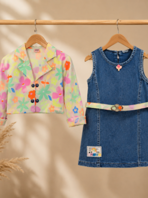33 Girls Denim Dress with Floral Shrug | Stylish 2 Piece Kids Western Wear Set