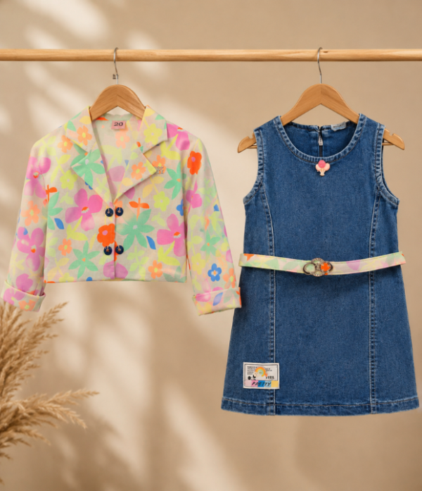 Girls Denim Dress with Floral Shrug | Stylish 2 Piece Kids Western Wear Set