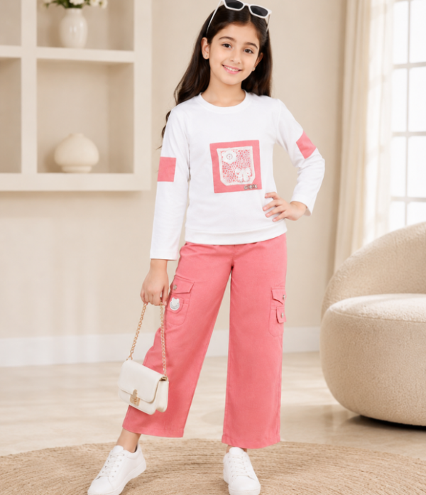 Girls Cargo Co-Ord Set | Stylish Top & Wide Leg Pant Set for Girls Casual Wear