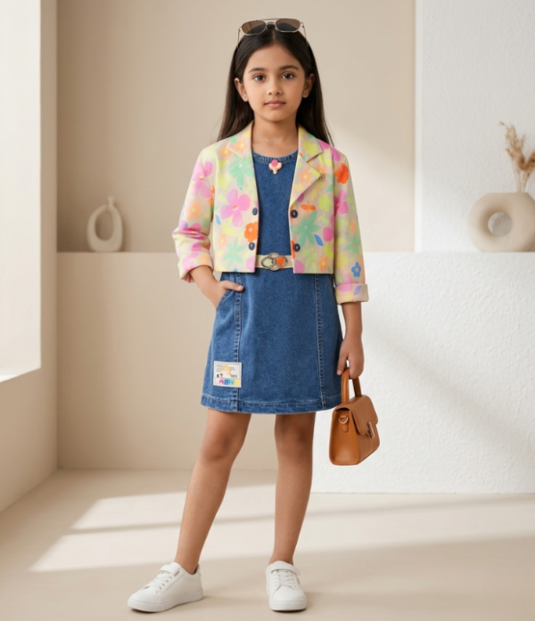 Girls Denim Dress with Floral Shrug | Stylish 2 Piece Kids Western Wear Set