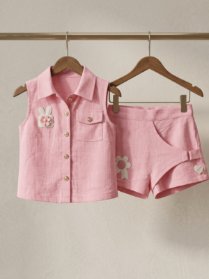 Girls Pink Top & Shorts Set | Stylish Sleeveless Kids Western Wear Outfit