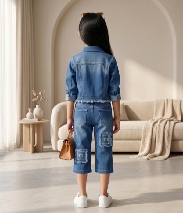 Girls Denim 3 Piece Set | Stylish Jacket, Top & Capri Pant Outfit for Girls