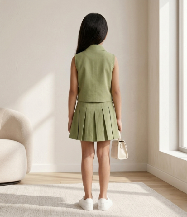 Girls Olive Green Top & Skirt Set | Stylish Sleeveless Kids Western Wear Outfit