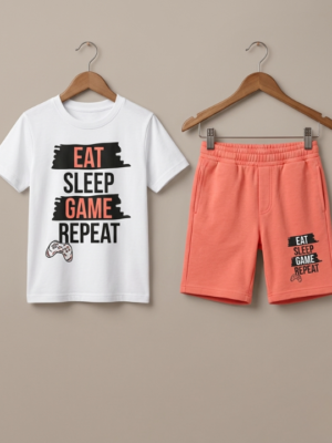 5 Boys “Eat Sleep Game Repeat” Printed T-Shirt & Shorts Set | Cool Kids Summer Outfit