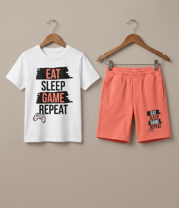 Boys “Eat Sleep Game Repeat” Printed T-Shirt & Shorts Set | Cool Kids Summer Outfit