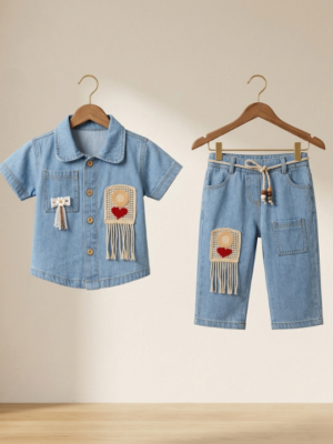 Girls Light Denim 2 Piece Set | Stylish Denim Shirt & Capri Pant Outfit for Girls