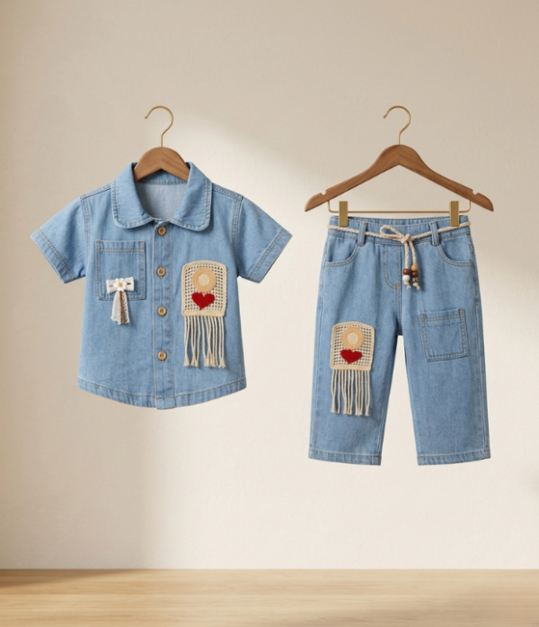 Girls Light Denim 2 Piece Set | Stylish Denim Shirt & Capri Pant Outfit for Girls
