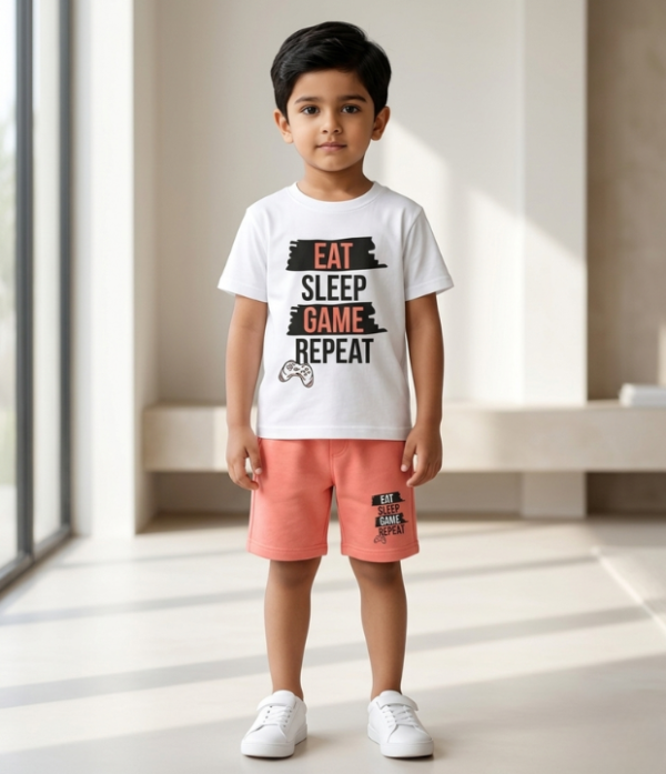 Boys “Eat Sleep Game Repeat” Printed T-Shirt & Shorts Set | Cool Kids Summer Outfit