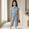 Girls Light Denim 2 Piece Set | Stylish Denim Shirt & Capri Pant Outfit for Girls