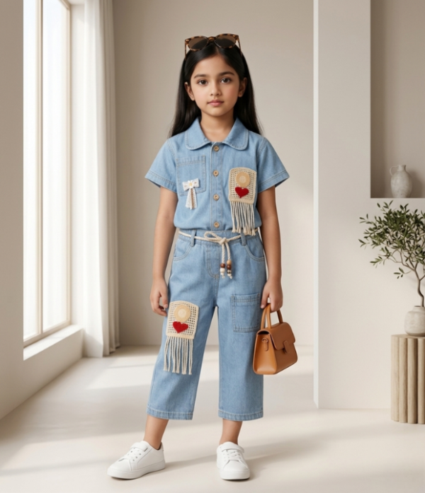 Girls Light Denim 2 Piece Set | Stylish Denim Shirt & Capri Pant Outfit for Girls