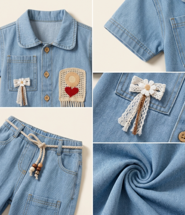 Girls Light Denim 2 Piece Set | Stylish Denim Shirt & Capri Pant Outfit for Girls