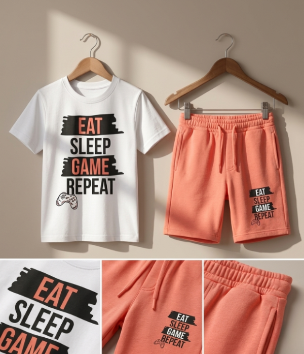 Boys “Eat Sleep Game Repeat” Printed T-Shirt & Shorts Set | Cool Kids Summer Outfit