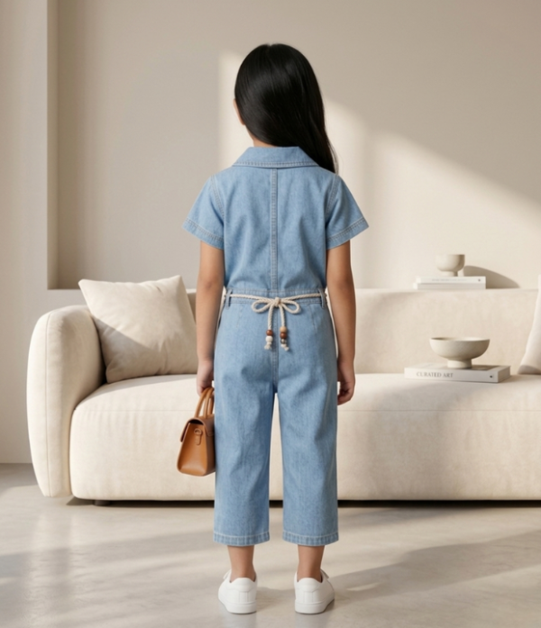 Girls Light Denim 2 Piece Set | Stylish Denim Shirt & Capri Pant Outfit for Girls