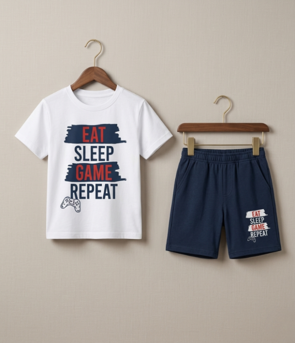 Boys “Eat Sleep Game Repeat” Printed T-Shirt & Shorts Set | Cool Kids Summer Outfit