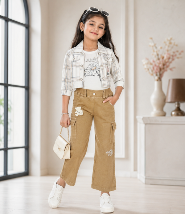 Girls Printed Top with Striped Shrug & Cargo Pant Set | Stylish Girls Western Wear Outfit